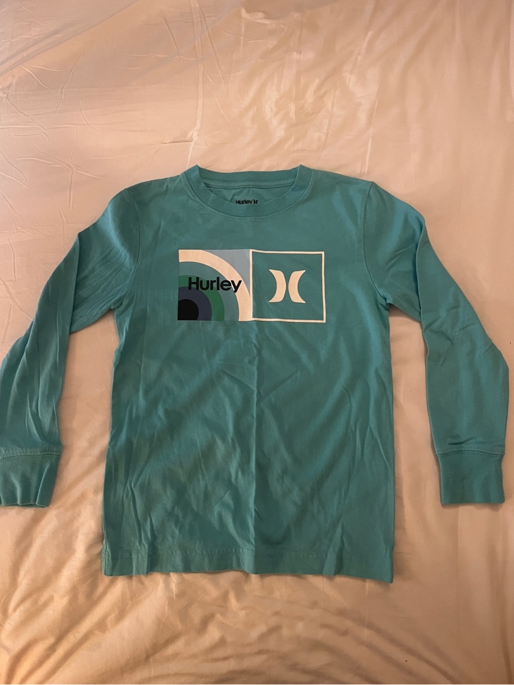 Hurley Teal Long-Sleeve Logo Tee with White Accent- size 8-10